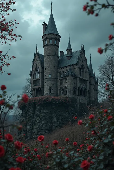  A dilapidated , gotische Burg steht auf einer Clip, surrounded by thick , black rose tendrils with thorns. The sky is covered by dark clouds.high quality,detailed,realistic,fotorealistic,physically-based representation,extreme level of detail, professiona...