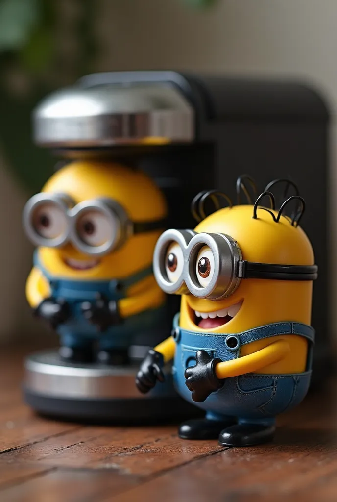 two minion figures are placed next to a coffee maker, a portrait inspired by Alfred Freddy Krupa  , tendência no polycount, , the minions, toy commercial photo, minions, toy photography, personagem stop motion, horror themed, horror movie characters, , con...