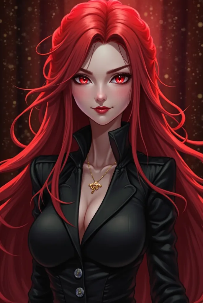 mature woman, Vampire Queen,  long red hair , pale skin,  fine and elegant features,  light red eyes,   evil expression , sexy smile, REDDISH LIPS EFFECT, Modern Hairstyle,  voluptuous sensual body, wearing elegant black suit, clan true brujah de vampire m...