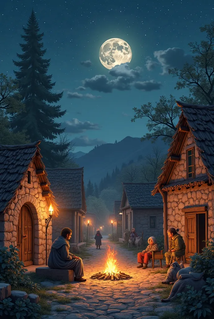 Night by Torchlight in a Village
"POV of a person sitting around a fire in a simple village, while torches illuminate the stone and wooden buildings. The smell of food being prepared lingers in the air, and soft voices tell stories and sing ancient songs. ...