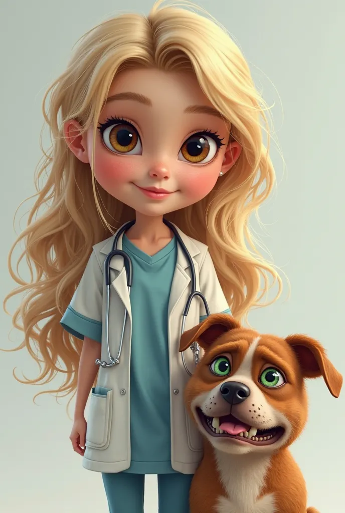 Beautiful adult girl , Short and chubby girl with brown eyes, with long blond and wavy hair, dressed as a veterinary doctor accompanied by a Pit Bull Monster dog with a big head with green eyes, with an angry face, Bad face with light brown fur.
