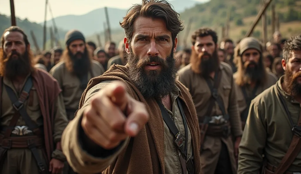 The image features a dramatic focal point on a bearded man, who is assertively pointing towards the camera, set against a backdrop of a tense crowd. The outdoor setting, subtly lit by natural light, enhances the mood of urgency and conflict. The characters...