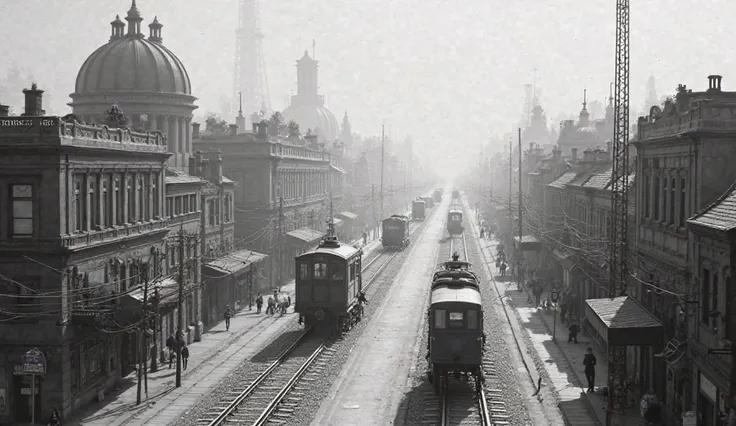 Generate me a retro black and white rectangular image The image should be a 1800s-style city, people ride carriages along the road and there is a railway in the air right through the air and on the space railway