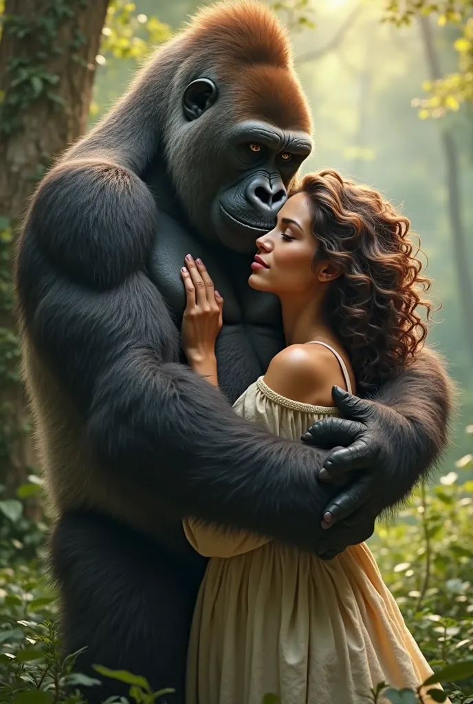 A gorilla hugging a curly-haired brunette woman 