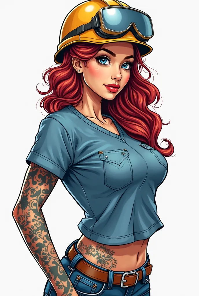 vector design, solid strokes and fillings, vibrant colors, high quality, high detail, Beautiful pin up girl without tattoos, wearing a blue denim t-shirt, an industrial safety helmet, solid white background , comic style