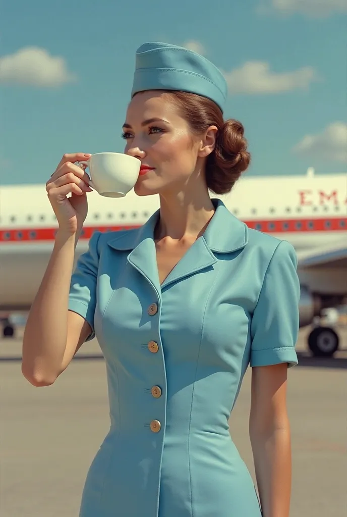 Beautiful stewardess, She wears a uniform color light blue, Pan Am uniform, behind her is a Boeing 737 aircraft, the sky is clear, Are there some clouds, the weather is nice, The image is of good quality, real photo,  vintage style, She is drinking a coffe...