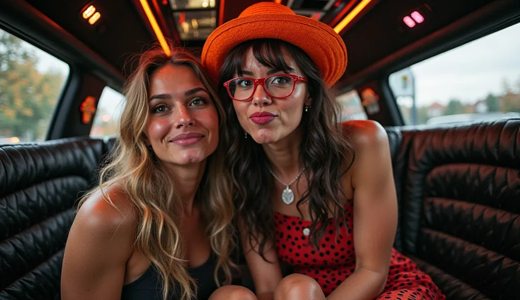 "A candid photo inside the limousine capturing a playful moment—perhaps a friend making a funny face or striking a quirky pose while dressed in an over-the-top costume. The image should convey genuine laughter and light-hearted fun, with subtle Halloween d...