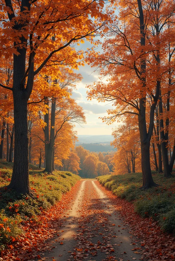 A tranquil autumn scene in a forest, with trees whose leaves are vibrant shades of orange, red and yellow. The ground is covered in fallen leaves and soft sunlight filters through the treetops, creating a welcoming and serene environment. On the horizon, a...