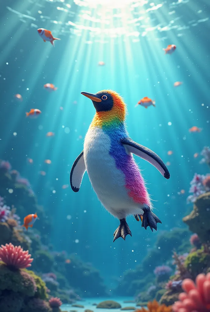 a rainbow penguin swimming in the ocean