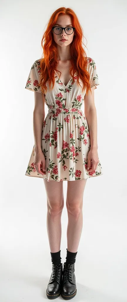  Full body photo beautiful redhead Caucasian European woman resembling Soularouge, aka Soula Bailey, the instagram model,  (innocent:1.4), , iPhone xmax photo,, (wearing flower short sundress and nerd glasses:1.4) , white background, large round breasts, f...