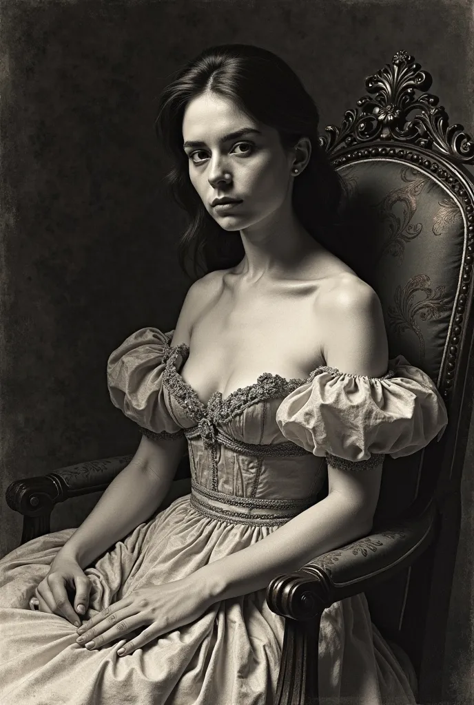 A dramatic ink portrait of a young woman in an elegant gown, sitting in a grand chair with a contemplative look, her face partially illuminated by a gentle light. The fabric of her gown is intricately rendered, with delicate folds and rich contrasts that p...