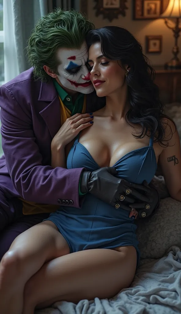 Joker is fucking a hot, sexy women, Big breast, black hair, wearing a unbottom blue dress ,on a bedroom, the woman is enjoying 