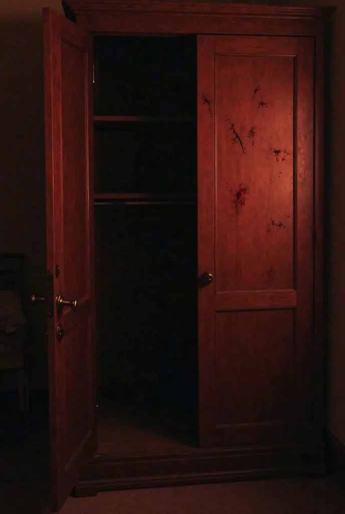 A large wooden wardrobe is slightly open, with a dense darkness inside it. Minor scratches or bloody finger marks are visible on the door.  the bedroom environment is bleak , with a very subtle reddish tint, suggesting something evil is approaching."*  