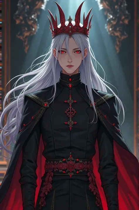 create anime boy Create a character of a man with long white hair wearing a black shirt with a red crown and a dark palace background and he is Dracula