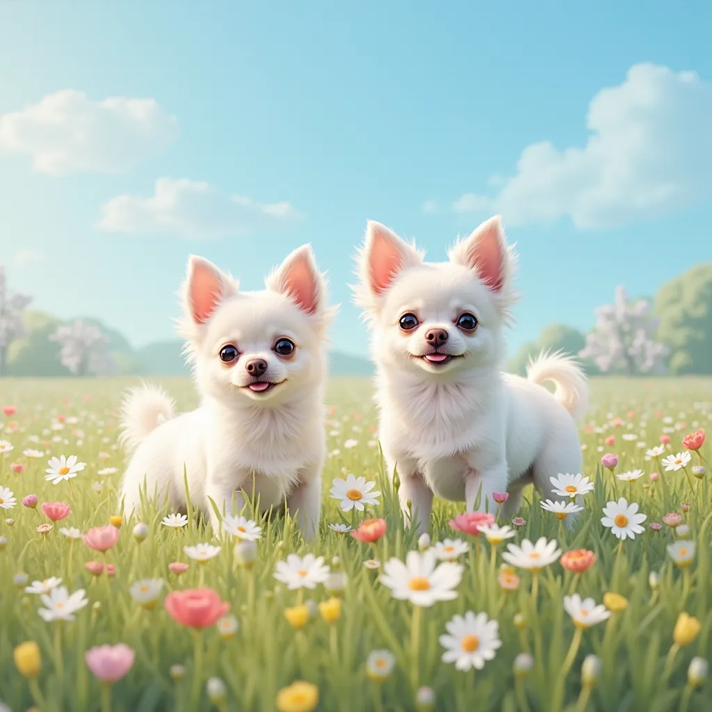 White chihuahuas in a beautiful flower field under the blue sky