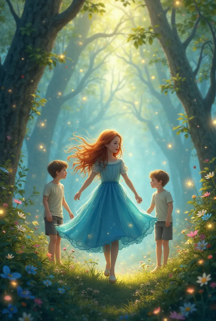 A magical forest, a girl in a blue dress and two boys in the background , A yellow light 