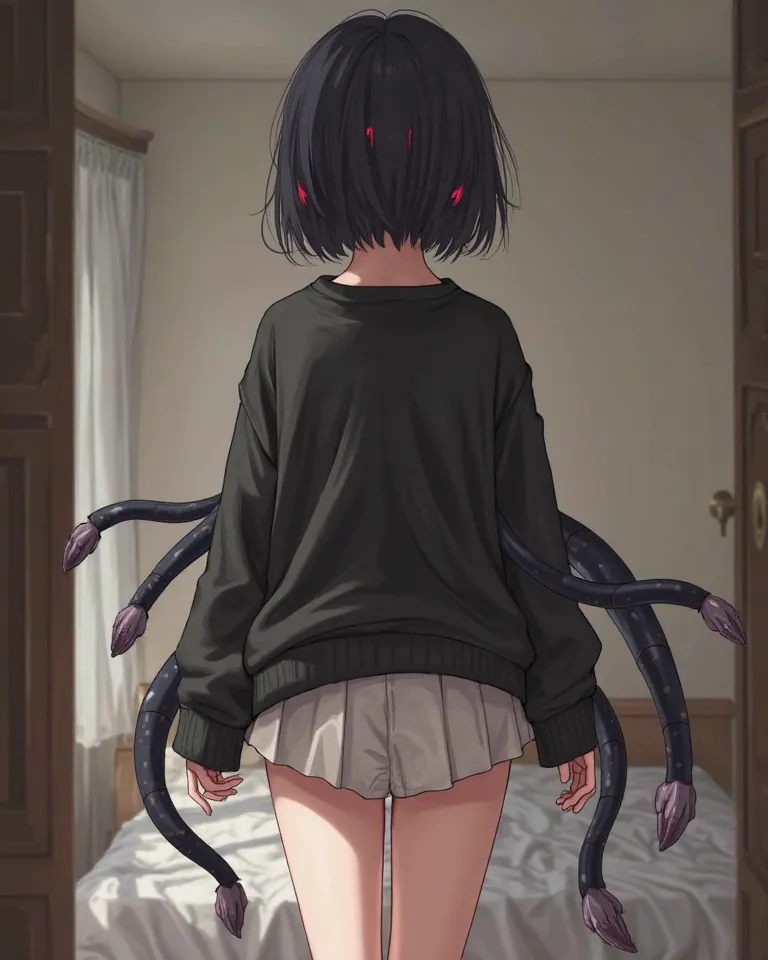 Girl in a anime style with a short black hair. Red eyes. Walking in a  bedroom. Really large thighs. Pale skin. We see her whole body. She wears a big black sweater and a short white skirt. She has long and really large sweating black tantacles on her back...