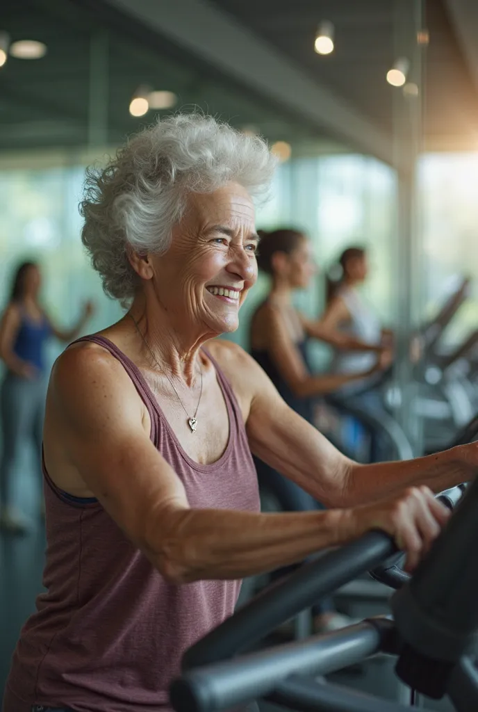 IMAGE OF A 70-year-old lady exercising at a GYM, SHE IS SMILING AND HAPPY TALKING TO A FRIEND. IT'S A SMALL GYM WITH GLASS WALLS. SOME PEOPLE ARE IN THE BACKGROUND. THIS IMAGE HAS THE TEXTURE OF OLD FILM LENSES. THE IMAGE HAS ORIGINAL GRAINS FROM MOVIE MOV...