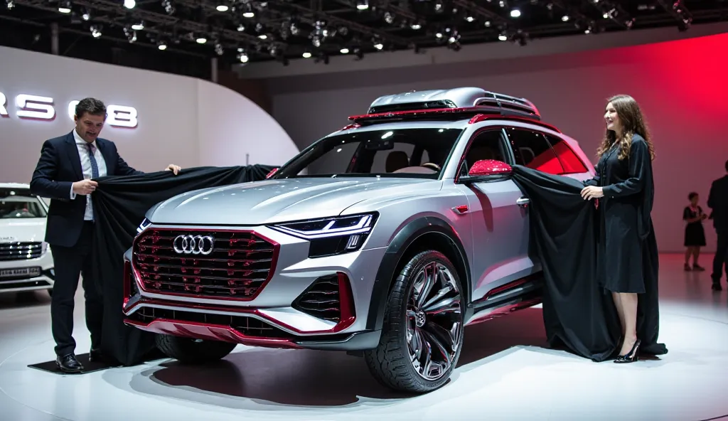 A futuristic Audi RS Q8 SUV is being unveiled at an automotive event. The vehicle has a rugged and modern design with bold maroon color accents. Two presenters, a man and a woman in formal attire, are pulling away a black and white cloth to reveal the car....