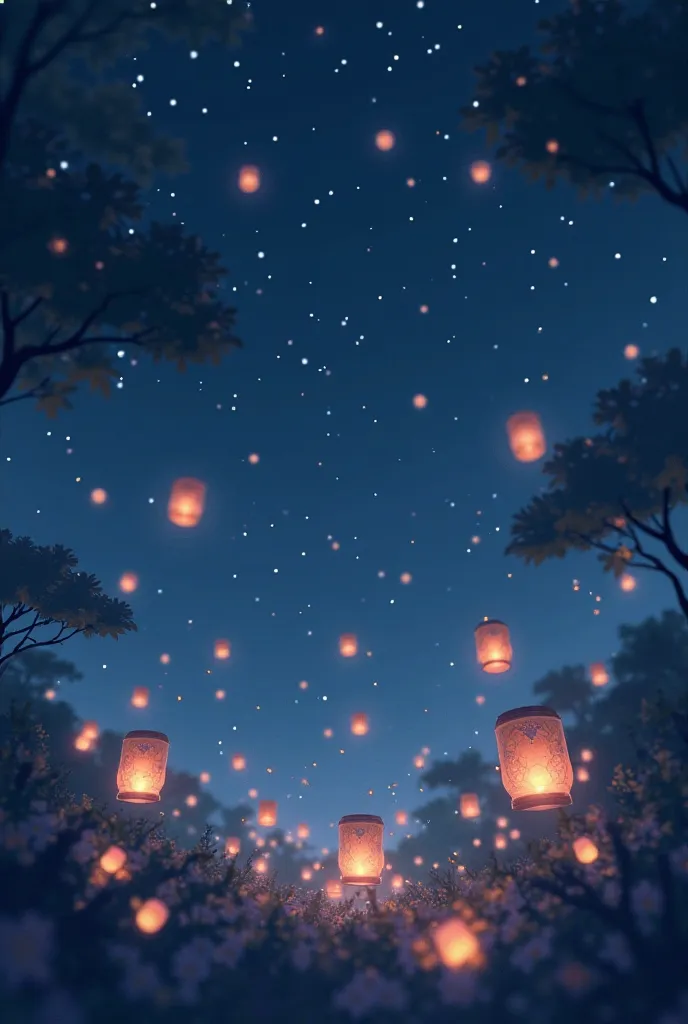 Small and beautiful glowy with eternal glow  flying lanterns in a magical deep blue night sky with some glowy fire flies. Make the background dark