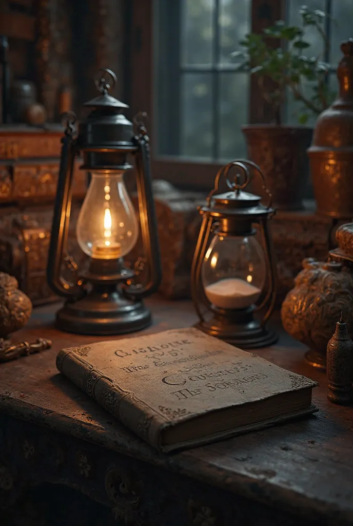 books,  hourglass , Antique lamp in a dark room 