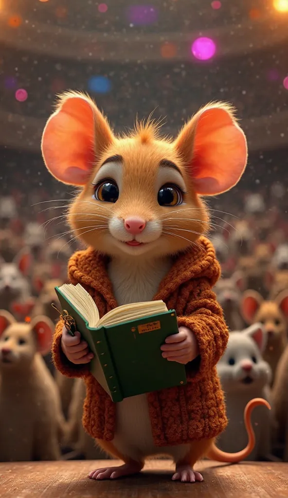 "A hyper-realistic anthropomorphic mouse standing on a stage in front of a large audience, holding an open green notebook with a golden clip. The mouse has soft, golden-brown fur, round ears, and large, glossy black eyes that reflect the warm stage lights....