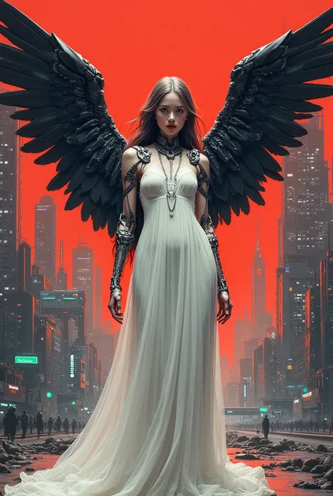 （Colored lead sketch：6.0），Otherworldly Angel Cybernetics，Smart machinery。London Fashion，white dress，black wings，hand pointing at viewer， red lighting hole，