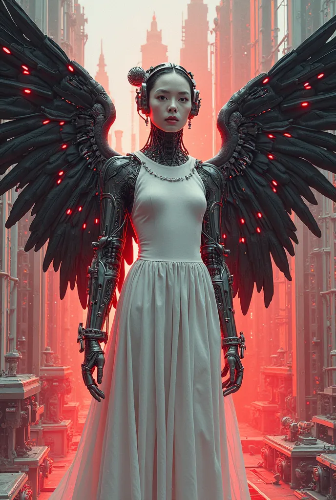 （Colored lead sketch：6.0），Otherworldly Angel Cybernetics，Smart machinery。London Fashion，white dress，black wings，hand pointing at viewer， red lighting hole，