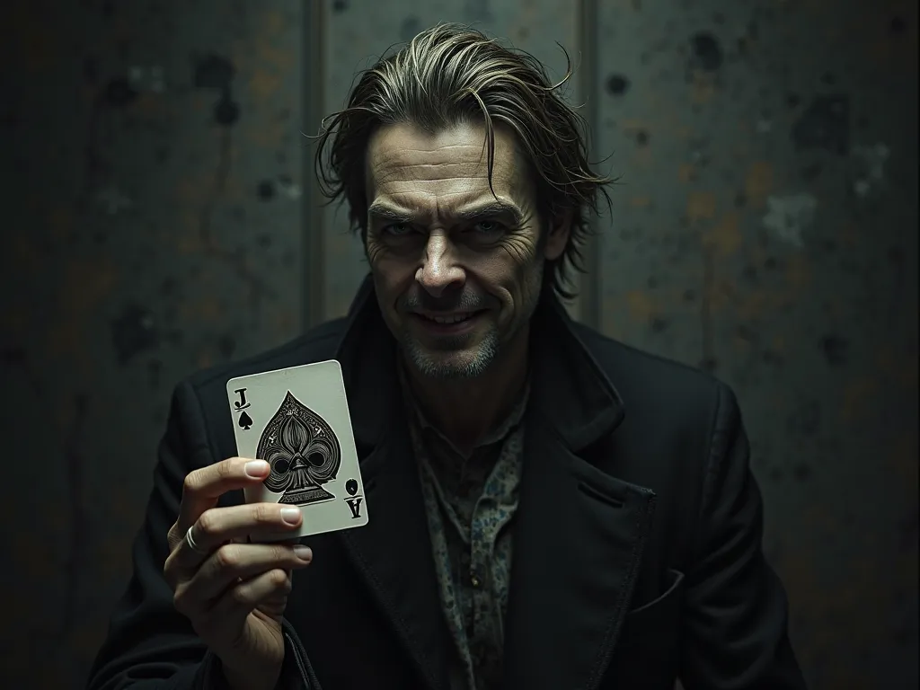 A man with joker playing card in his hand smiling sarcastically