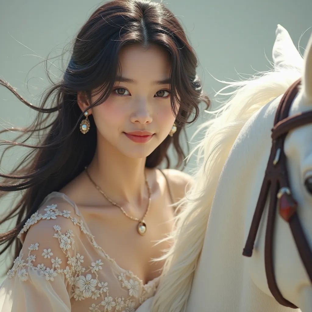 A close-up of an elegant smiling girl with very long black hair looking directly at the viewer and riding an authentic white Arabian horse, The horse raises its front legs and rises, 