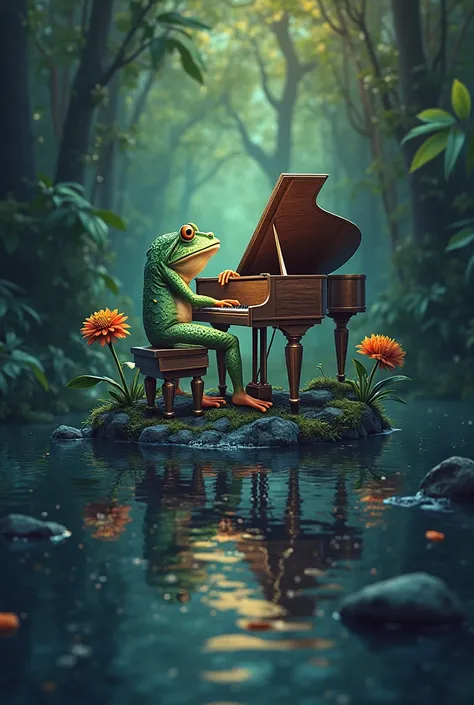  I want to create a logo with the name "DIEM STUDIOS" with the background of a frog with a piano 