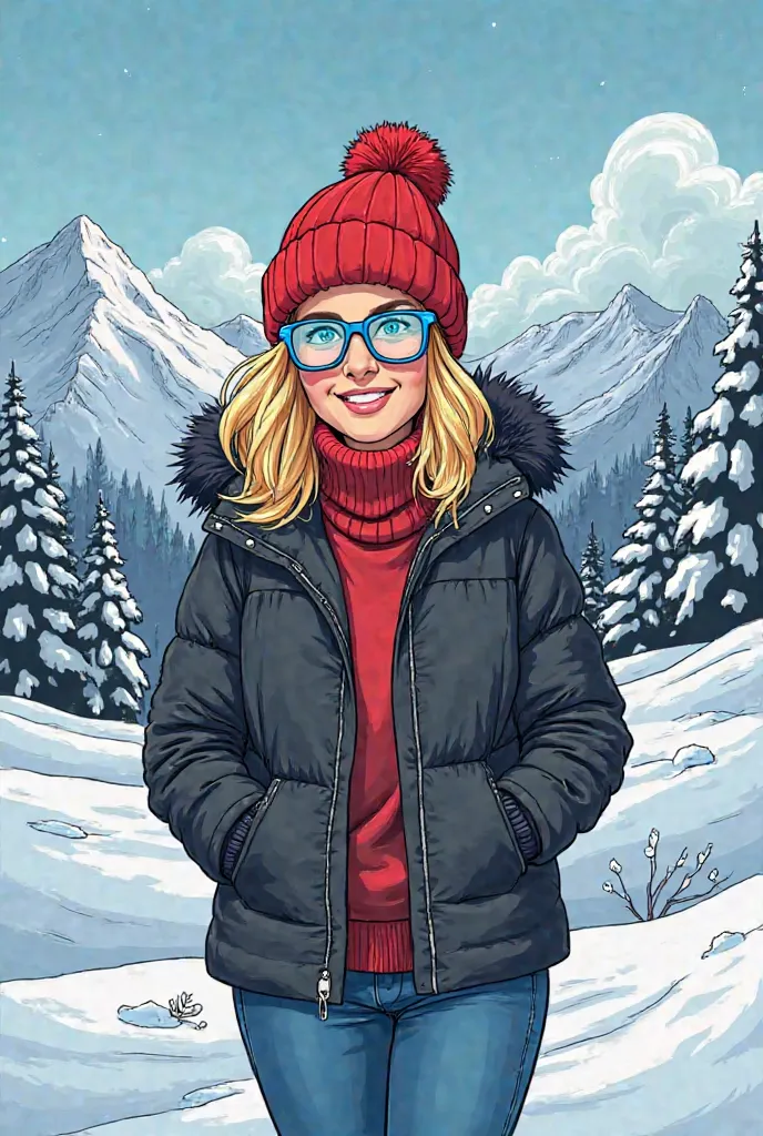 bande dessinée, franco-belgian comic, franco-belgian color comic about , comic album, snowy mountain landscape with a cheerful María, a 40-year-old woman of Spanish origin, wearing a red snow hat, a black jacket, and blue jeans. Blue square glasses. Her sh...