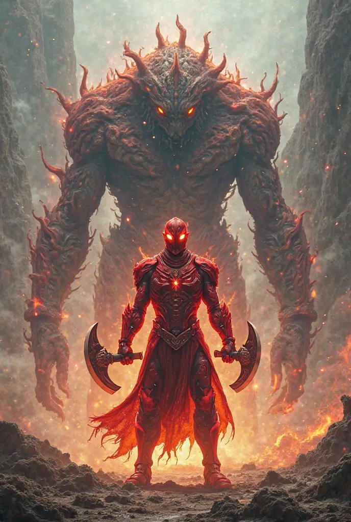 A hero with fire armor, with a red Autotechnology helmet, with two axes,  and a giant monster 