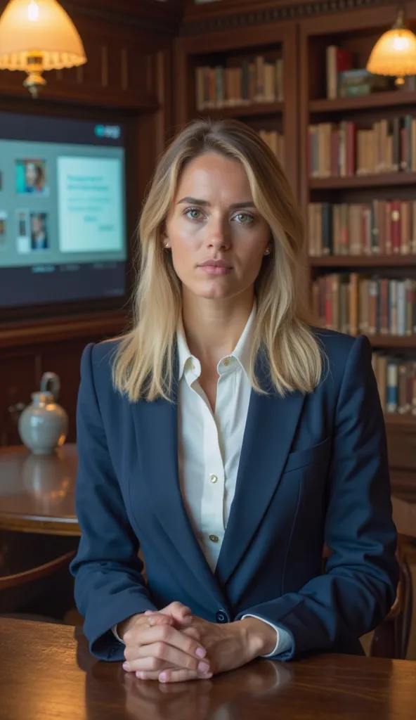 "A professional young woman with straight blonde hair, wearing a blue business suit and white shirt, sitting at a wooden desk in a grand library. She has a serious yet confident expression. The background features bookshelves filled with books and large di...