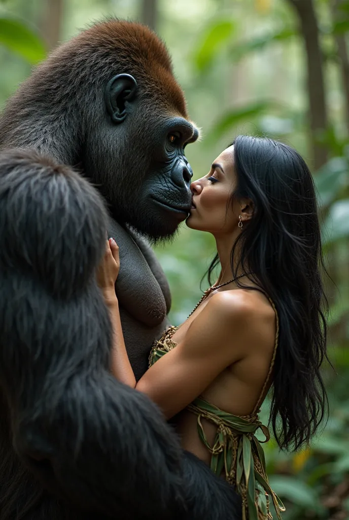 A gorilla kissing on the lips of a fair-skinned woman, straight black hair and improvised clothing with leaves