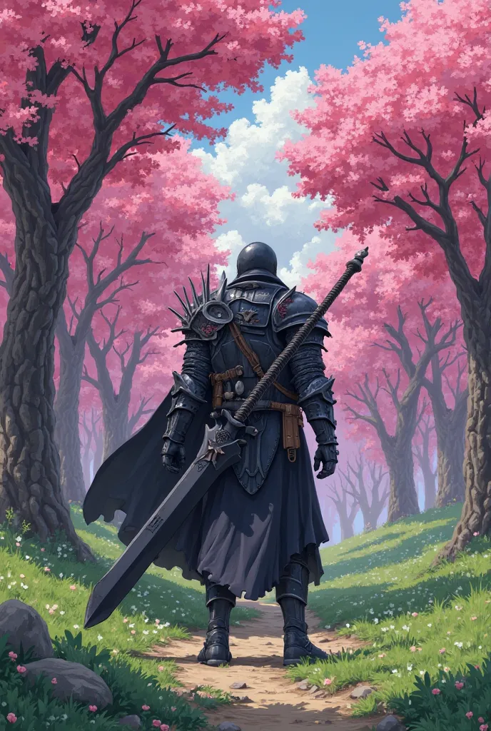 Draw me the character guts from the Berserk anime, but let it be pink sakura trees in a vibrant atmosphere and with green steppes and guts as sad and sad as in the anime "Berserker" Watch the landscape with your armor and giant black sword from the anime