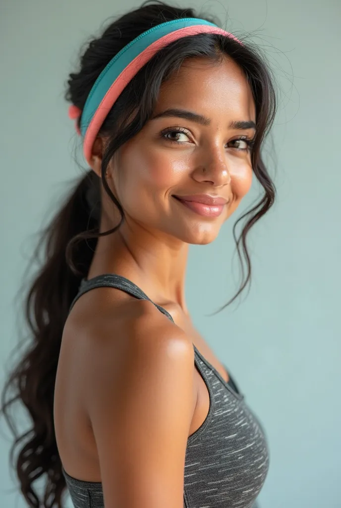 A 30 years old girl indian ai fitness trainer face, athletic waring a sports headband realistic skin studio lighting 8k resolution
