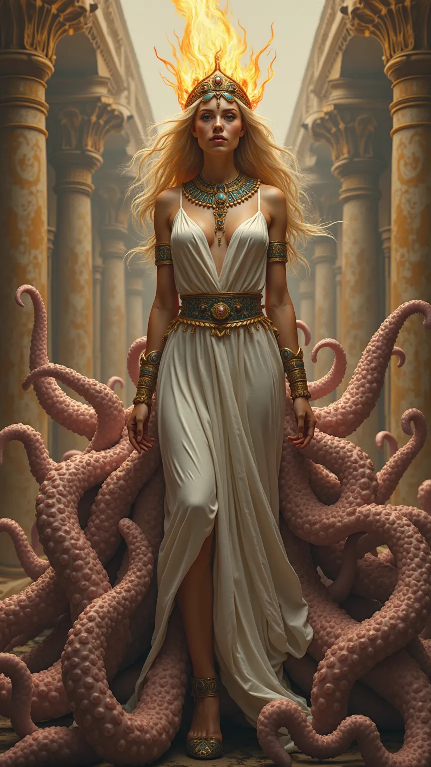  a beautiful Egyptian priestess with blond hair and big breasts in a white dress , the lower body is a huge gigantic mass of tentacles studded with jaws and mouths, Horrific aspects, evil deity, the lower body composed of huge tentacles compared to the upp...