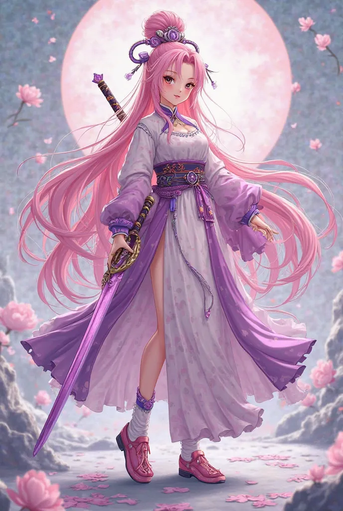 Ancient Korean anime female character with long pink hair with purple jewelry on her head, pink Chinese series antique shoes with purple pattern, armed as a purple pink sword, the background is a godland.