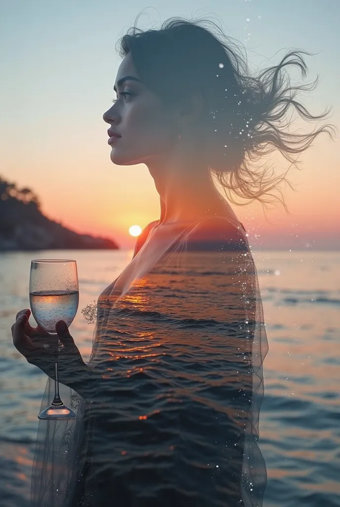 high quality, 8K ultra HD, Una hermosa  double exposure que combina una silueta de diosa con la costa al atardecer, the coast at dusk should serve as a backdrop,  with its details incorporated in the goddess, sharp lines, The background is monochrome, shar...