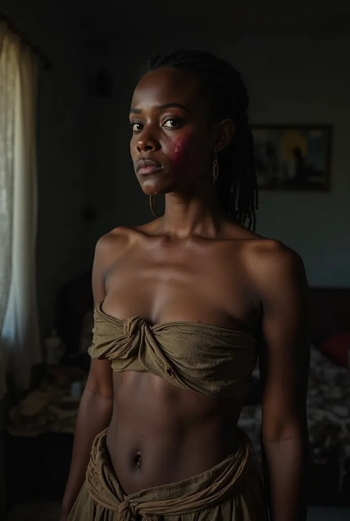 A 25-30-year-old Black woman with visible bruises and marks of domestic violence on her face, standing in a dimly lit room. Her expression is a mix of pain, fear, and silent resilience. Her eyes are teary, and her lips are slightly parted as if she wants t...