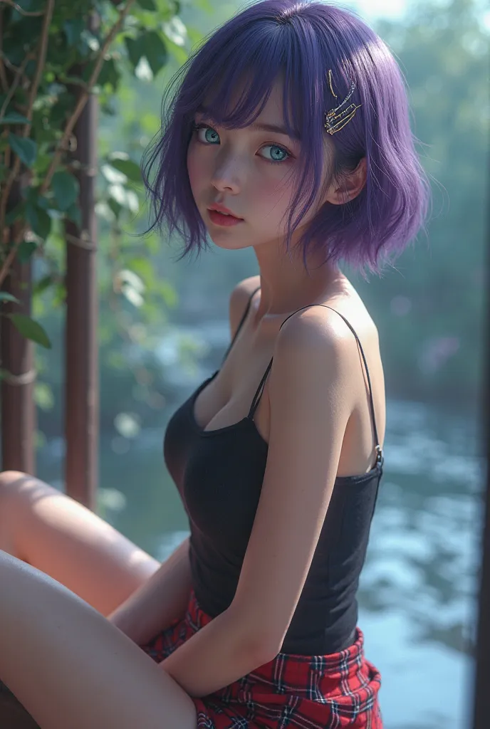 青い目, シャイ, hair clip for hair, ( flashy special attack effects :2.0), Natural Pretty Forehead, realistic hands with great attention to detail, Purple short bob hair, Gentle expression, pushes the boundaries of sensuality with SFW works , Unique optical effe...