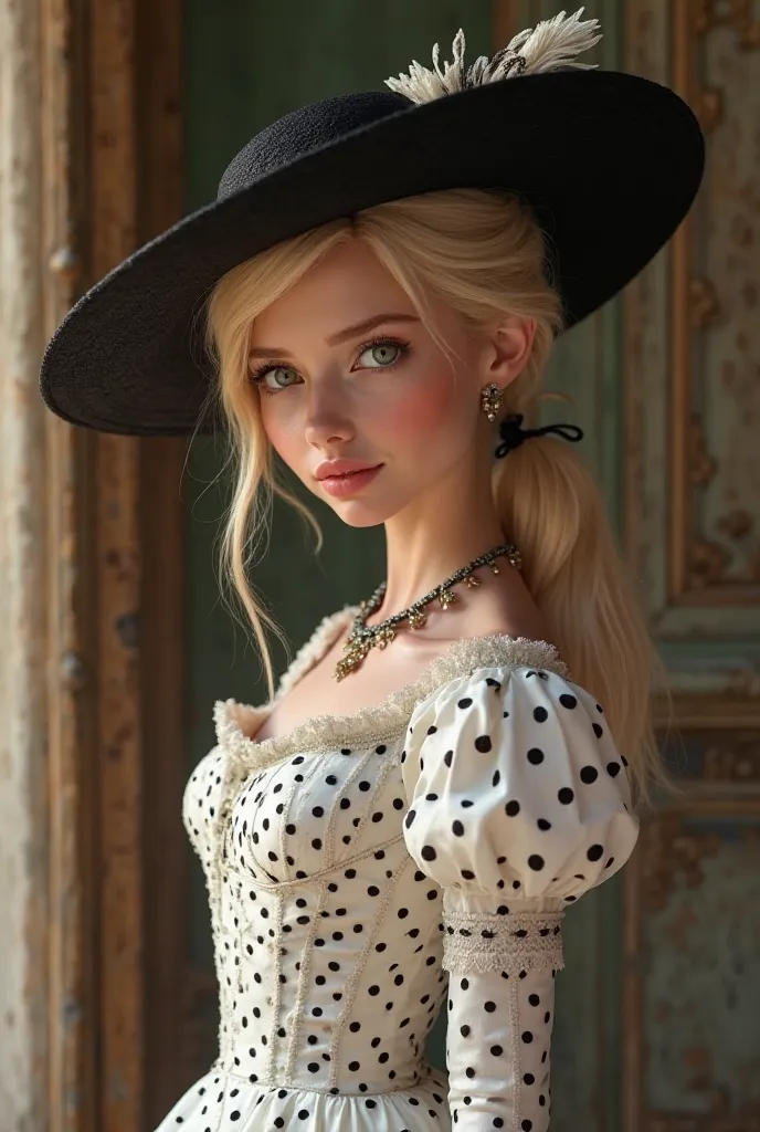 Create a realistic image of a girl from a 50-year-old princess, She's a blonde with green eyes, She wears a white dress with black polka dots with a black hat on the side with white touches. It's at the door of a palace