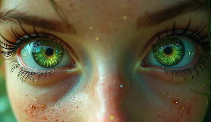 a macro image of green eyes detailing their colors, They are seen from the front 