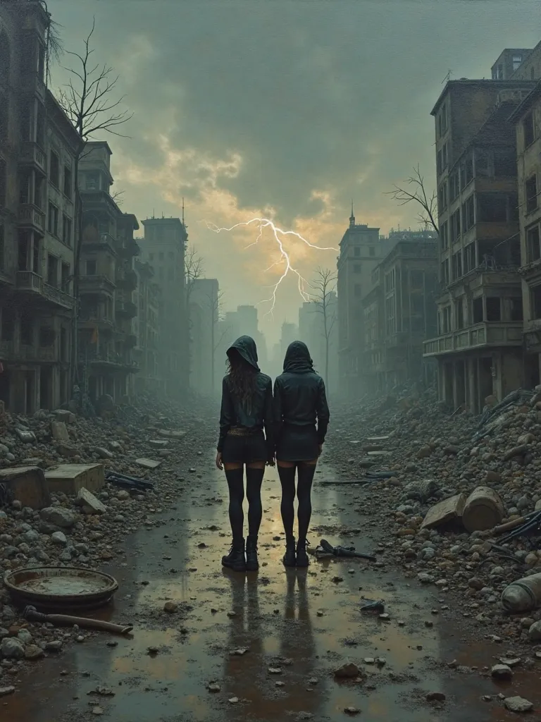 Artistic oil painting by Greg Rutkowski. “A post-apocalyptic urban landscape with crumbled buildings, scattered weapons, and debris covering the ground. The sky is heavy with dark clouds, and distant lightning flickers ominously. The camera moves slowly in...