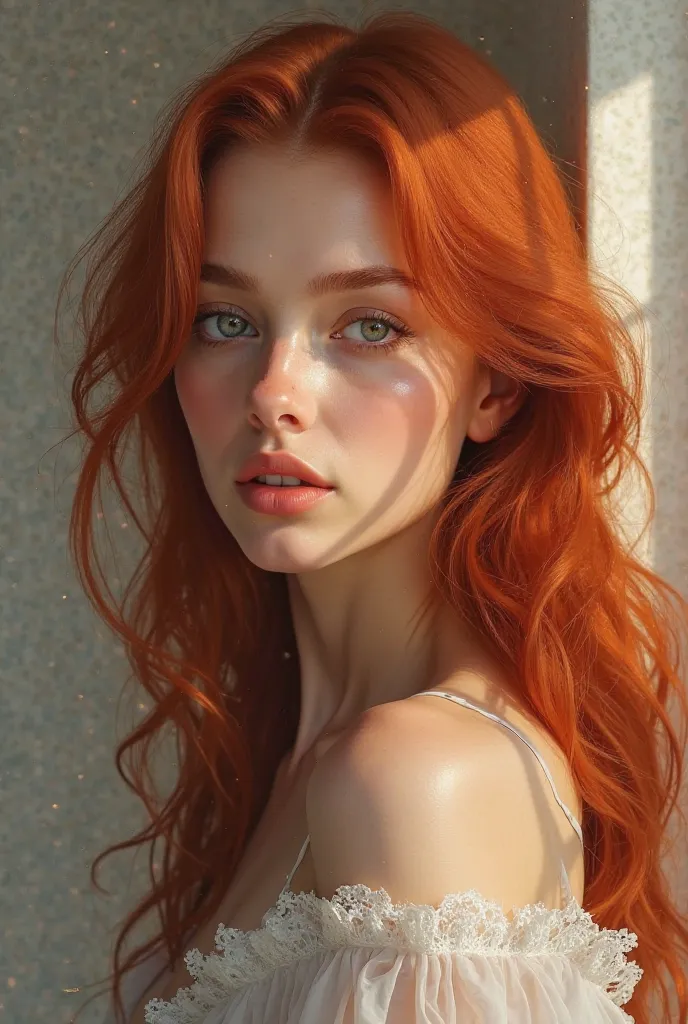 a beautiful woman, with red hair and light eyes, front profile