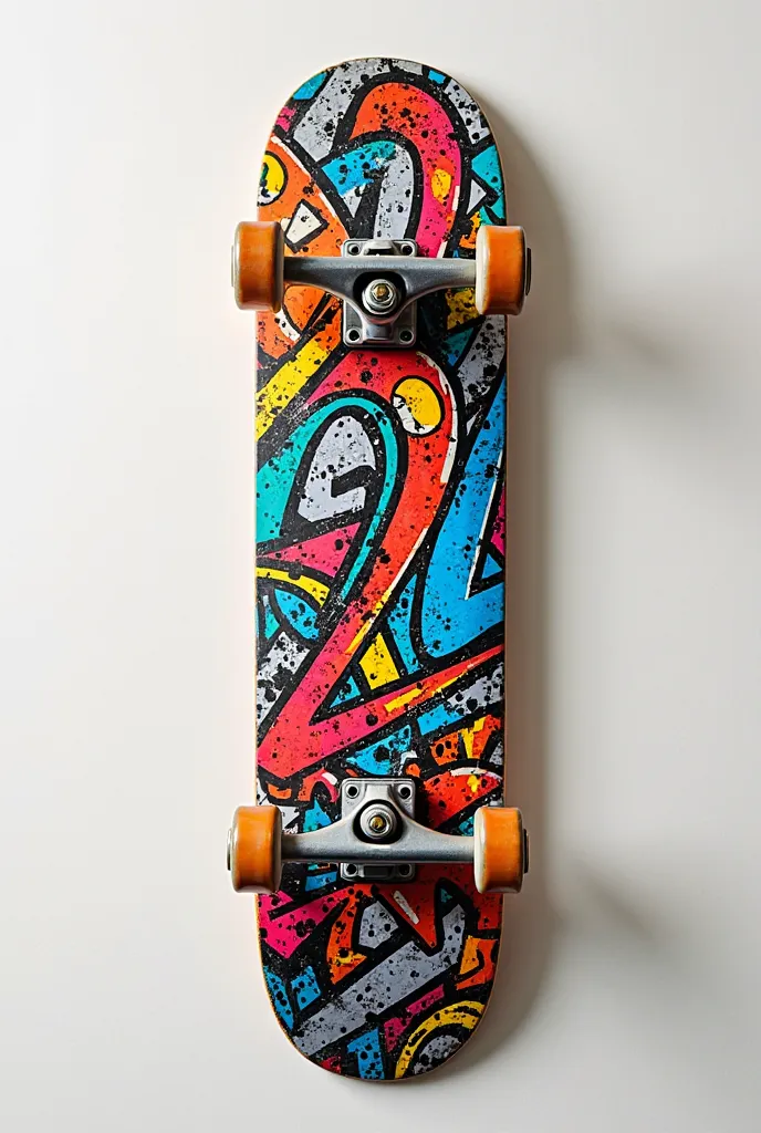 Just the skateboard in the picture , skateboard with vibrant colors with graffiti on the underside