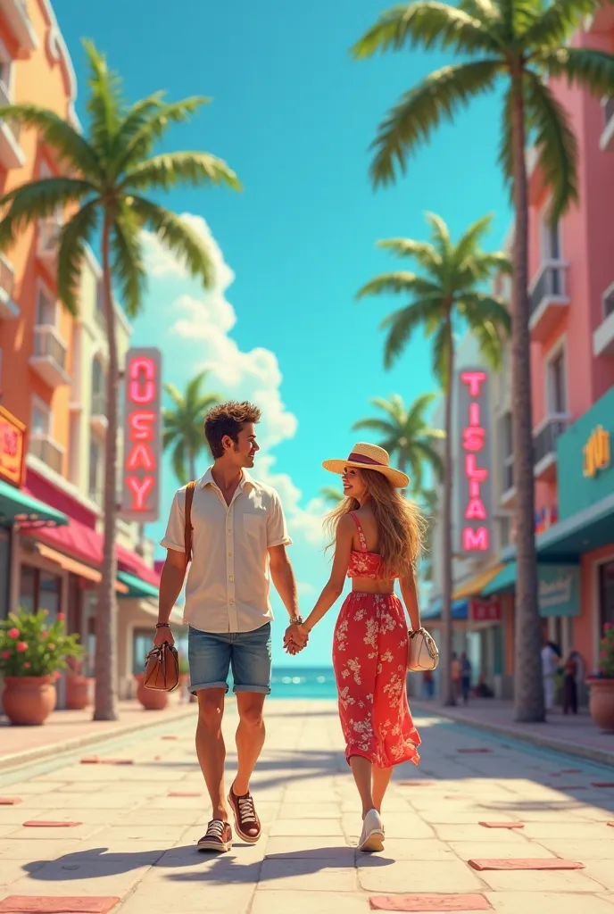 Make me an animated photo of a couple being in Miami 