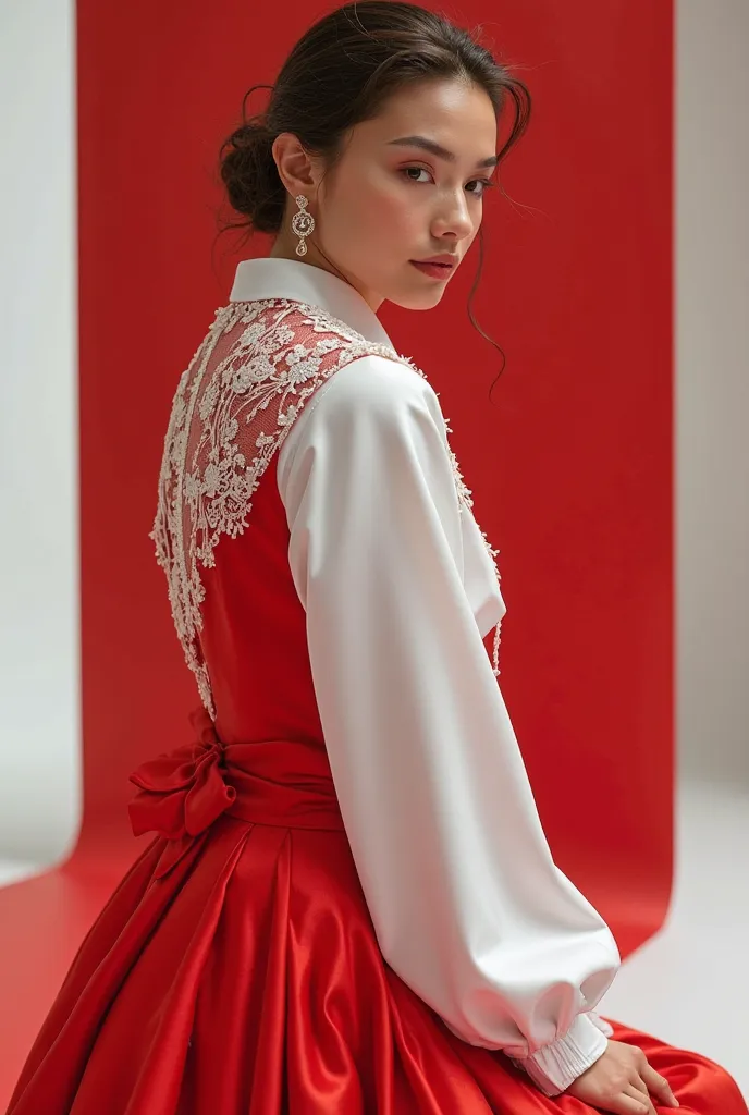 Model with red and white outfit