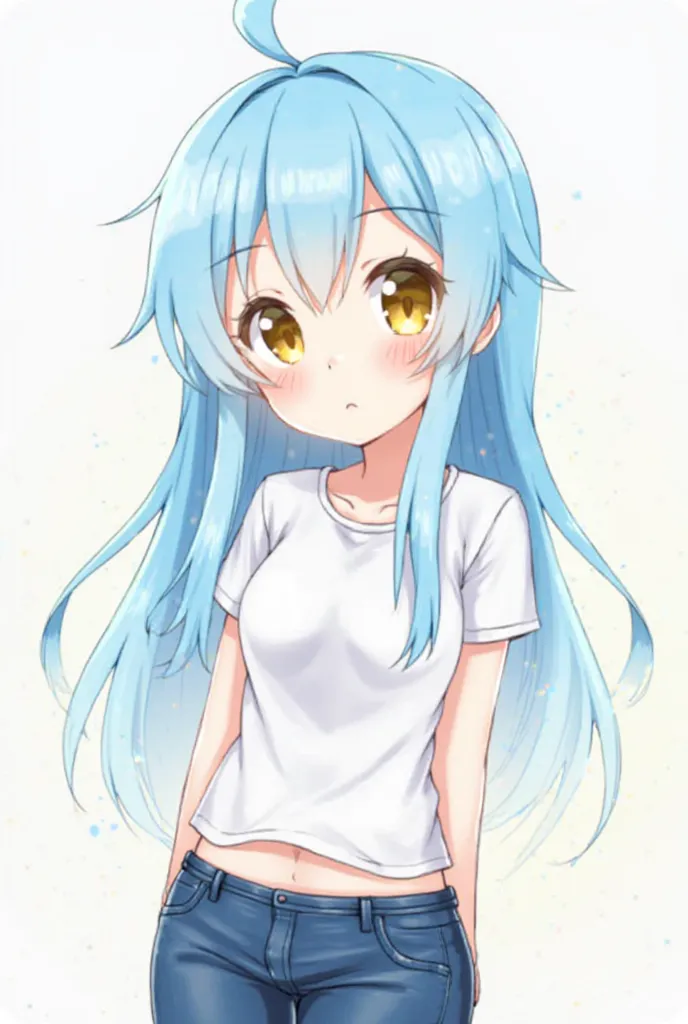 Draw Rimura Tempest's fanart with longs light long blue hair and golden eyes and is cute in short jeans and short t-shirt